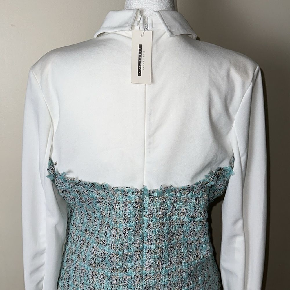 Jenifer Elegant White Tiffany Blue Boucle Tweed Long Sleeve Mini Dress - Picture 5 of 16